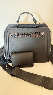 NWT STEVE MADDEN BEVLN SPIDER SATCHEL CROSSBODY BAG W CREDIT CARD CASE BLACK