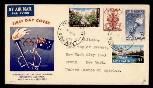 DR WHO 1956 AUSTRALIA FDC OLYMPICS COMBO GUTHRIE CACHET 2S M78844