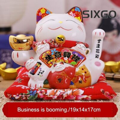 17cm Ceramic Beckoning Cat Maneki Neko Ornament Feng Shui Decor Luck