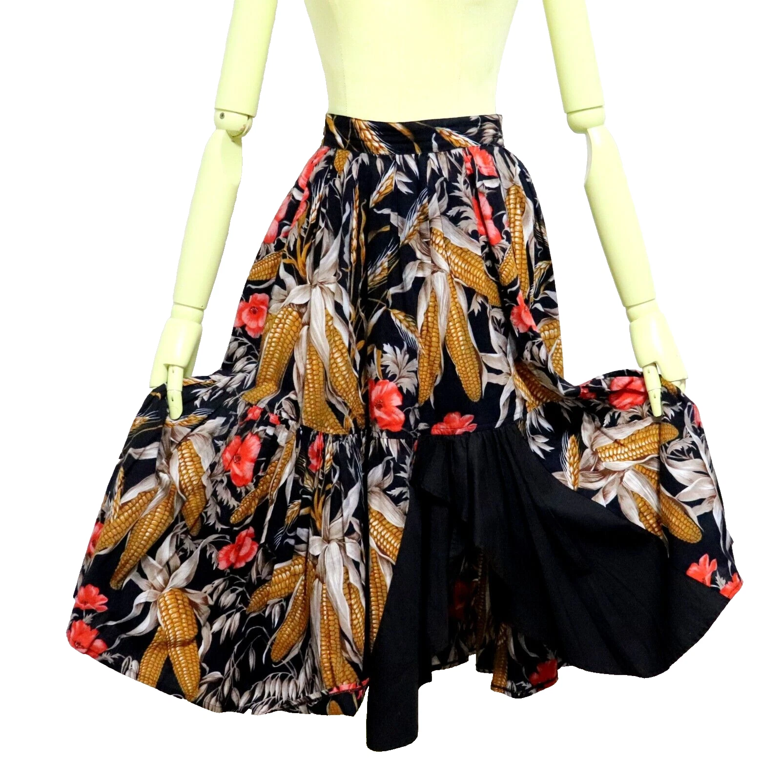 Flared Vintage Floral Cotton Midi Skirt, High waist, S, Black Multicolor, Italy