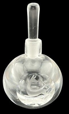 Vintage Orrefors Perfume Bottle Etched Crystal Deer & Leaves Sweden Signed 2.5 