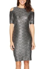 Michael Kors Size Small Black/Silver Foil Cold-Shoulder Stretch Knit Dress
