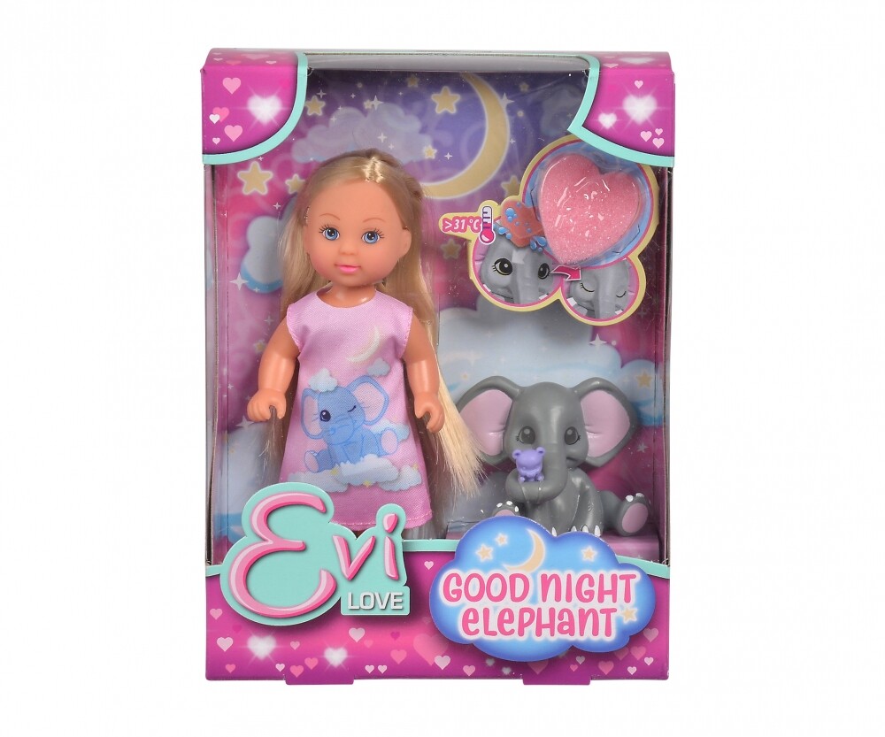 Simba 105733355 Evi Love Good Night Bambola Con Elefante E Funzione Cambia Colore - 12 Cm - 3+ Anni