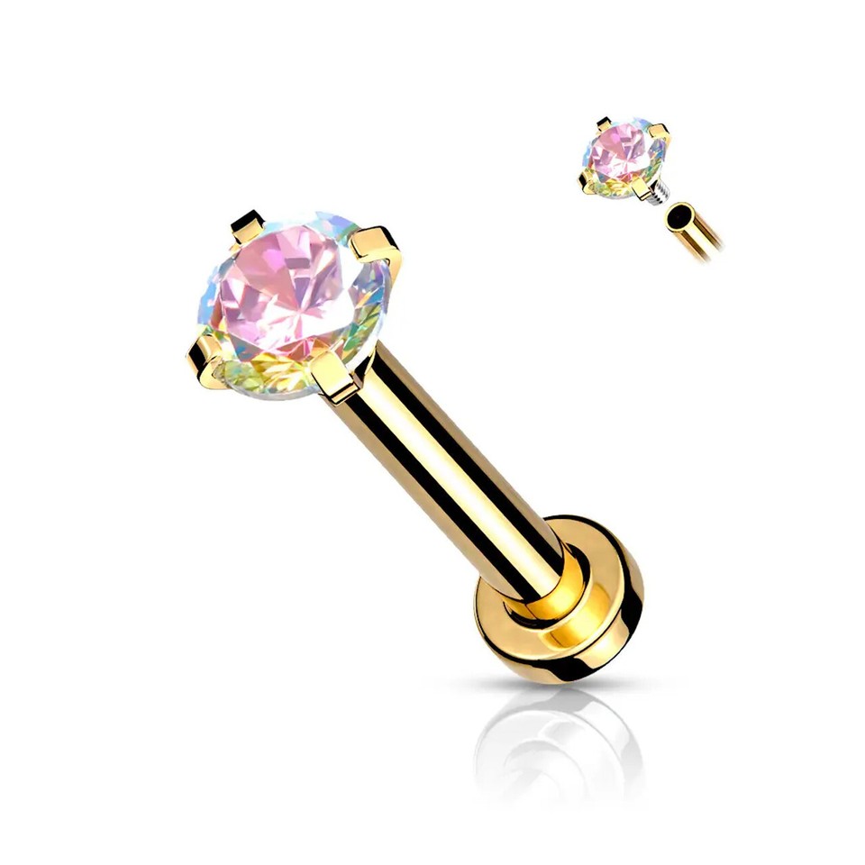 18G Flat Back Labret Studs Surgical Steel Prong Set Top CZ Nose Stud Ring Nostrial Piercing Jewelry 8mm