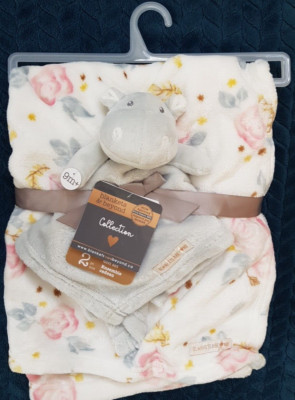 Neu Blankets & Beyond Geschenkset Rosa Blumen Fleecedecke & Grau Nilpferd Bettdecke