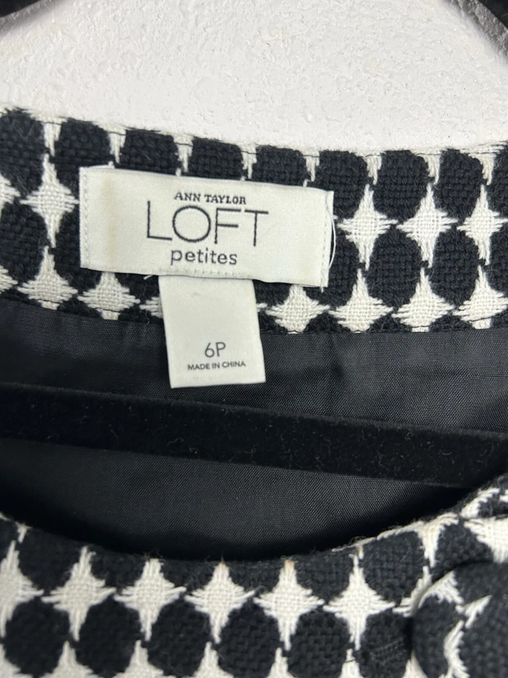 Loft Wool Blend Black White Houndstooth Polka Dot Sleeveless Shift Mod Dress 6P - Image 3 of 4