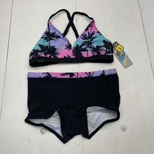 Dusishidan Black Palm Tree Print Two Piece Swim Suit Youth Girls XL New