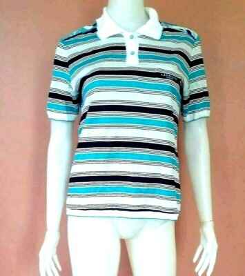 LEONARD SPORT PARIS STRIPED POLO TOP BLUE/WHITE/BLACK SIZE 40
