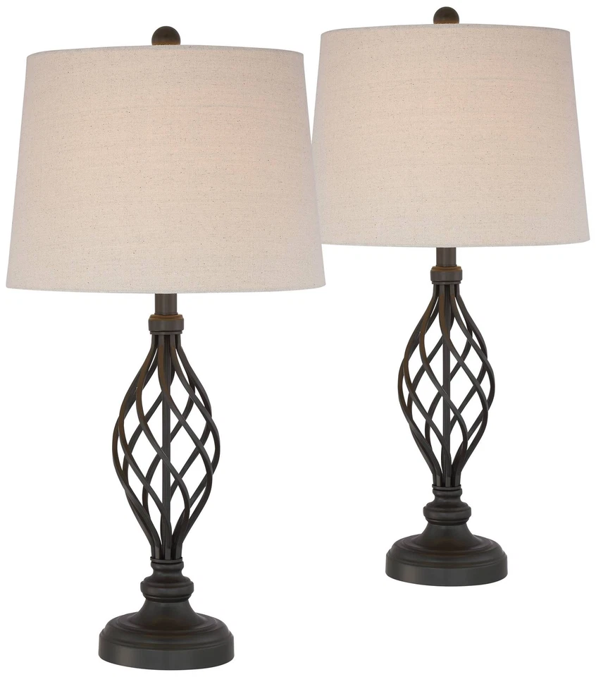 Annie Industrial Table Lamps 28" Tall Set of 2 Iron Bronze Cream Drum Shade - Image 2 of 4