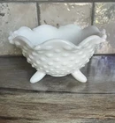 Vintage Footed Fenton Hobnail Milk Glass Candy Dish Crimped Edge