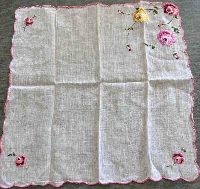 Vintage White Fabric Handkerchief Lot of 3 Floral Embroidered, Scalloped Edge