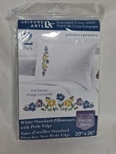 2 pk Leisure Arts Stamped Cross Stitch Pillowcases, 20"x26 PANSIES, Pansy White