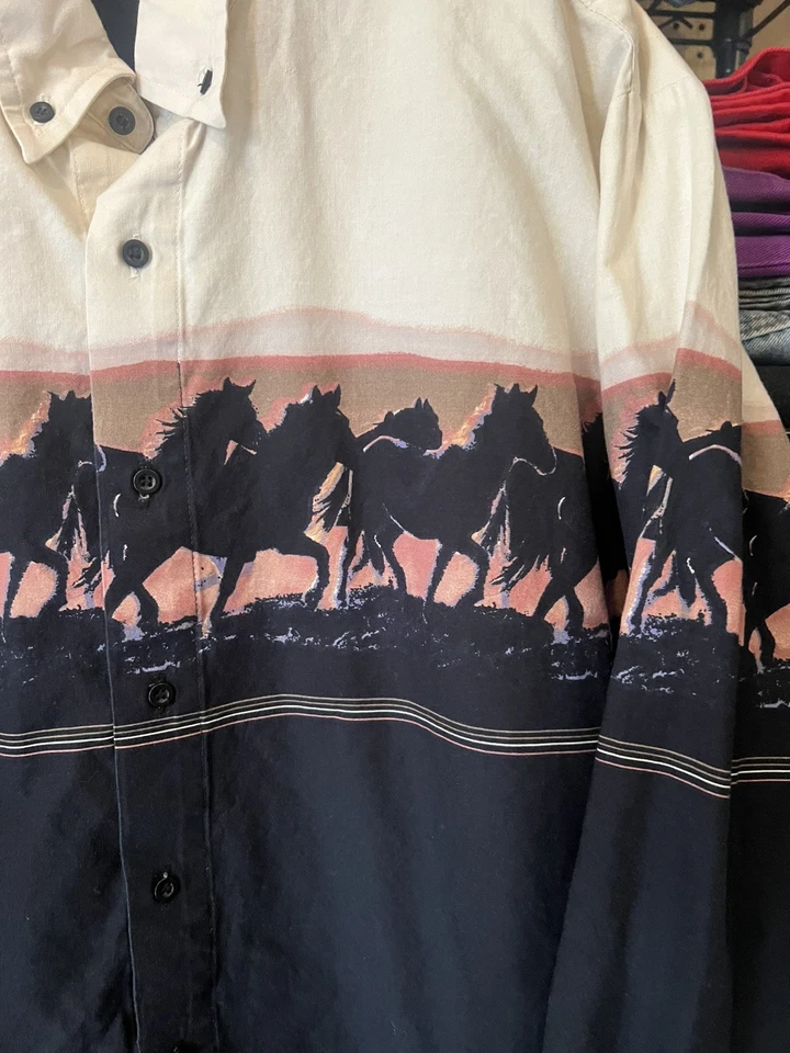Camisa vintage con botones Roper Border para hombre XL Western Horses hecha en EE. UU. Foto 2 de 4