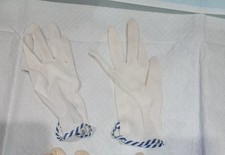 Vintage White Dress Gloves Blue White Striped Trim Cuff Retro Mid Century
