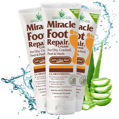 MIRACLE OF ALOE Miracle Foot Repair Cream, (1 Oz / 3 Pack) Repairs Dry Cracked Heels and Feet, 6