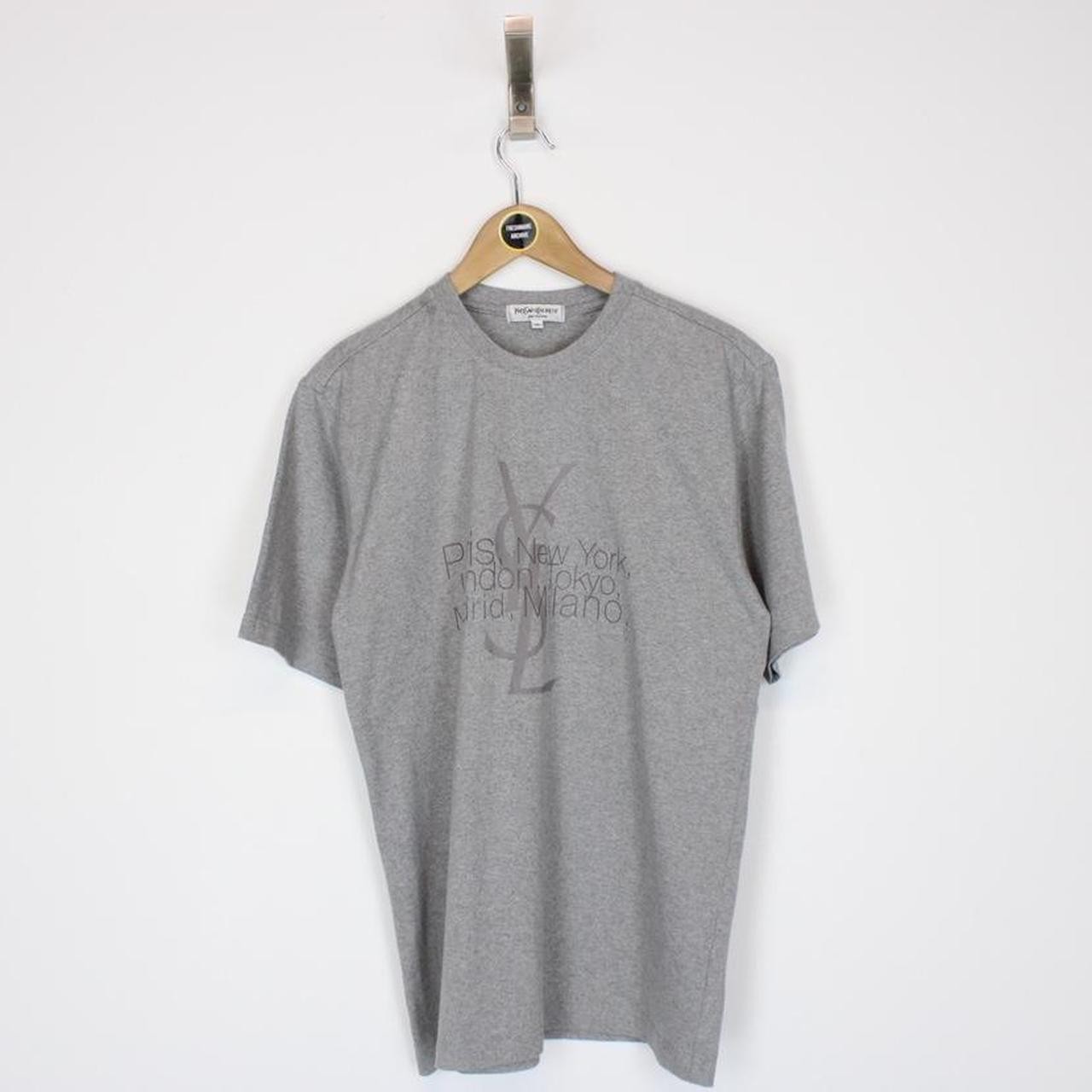 T shirt vintage anni 00 Yves Saint Laurent grigia manica corta Spellout