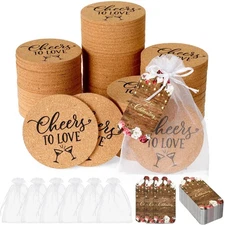Domensi 100 Set Wedding Favors for Guest Cork Coaster Bulk Cheers to Love Rou...