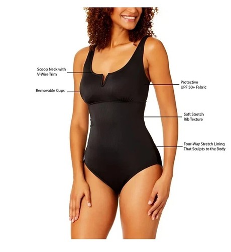 Anne Cole Limited Edition Square Neck One Piece Swimsuit Ribbed Black Medium - Picture 4 of 5
