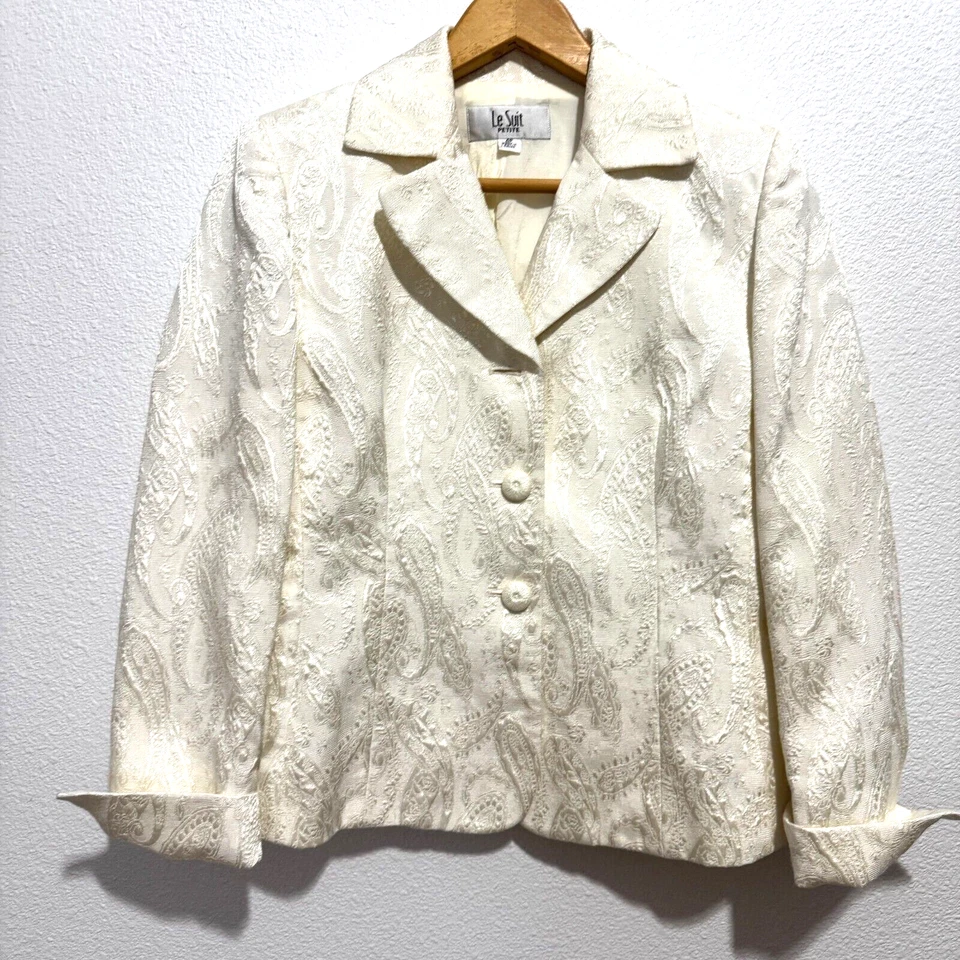 Blazer Le Suit Mujer Marfil Forrado 3 Botones Falda Lápiz Estampado Paisley Talla 4P Foto 2 de 4