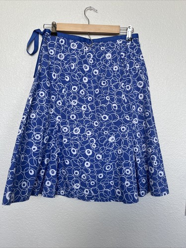 willi smith Blue Geometric Knee Length Ribbon Tie Skirt 8 100% Cotton Pleated - Picture 7 of 10