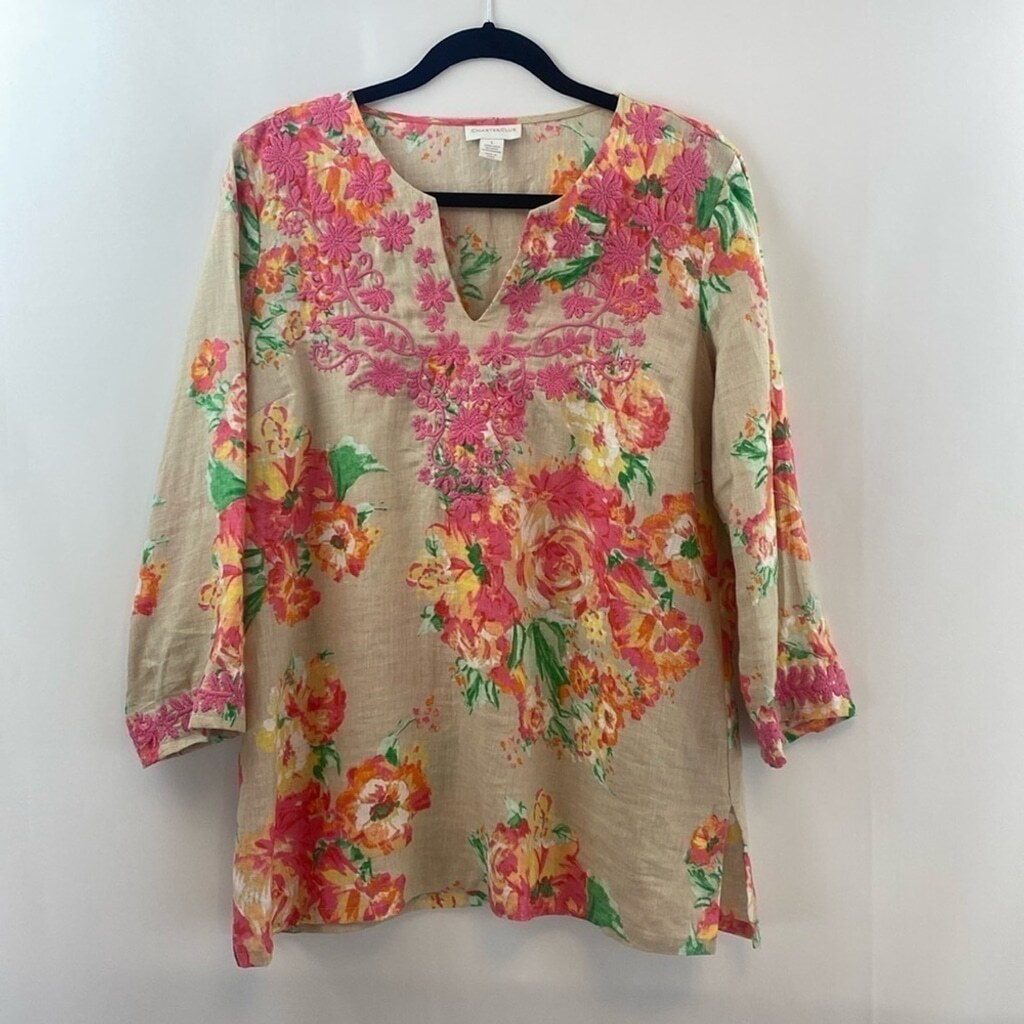 Charter Club Linen Floral Embroidered 3/4 Sleeve