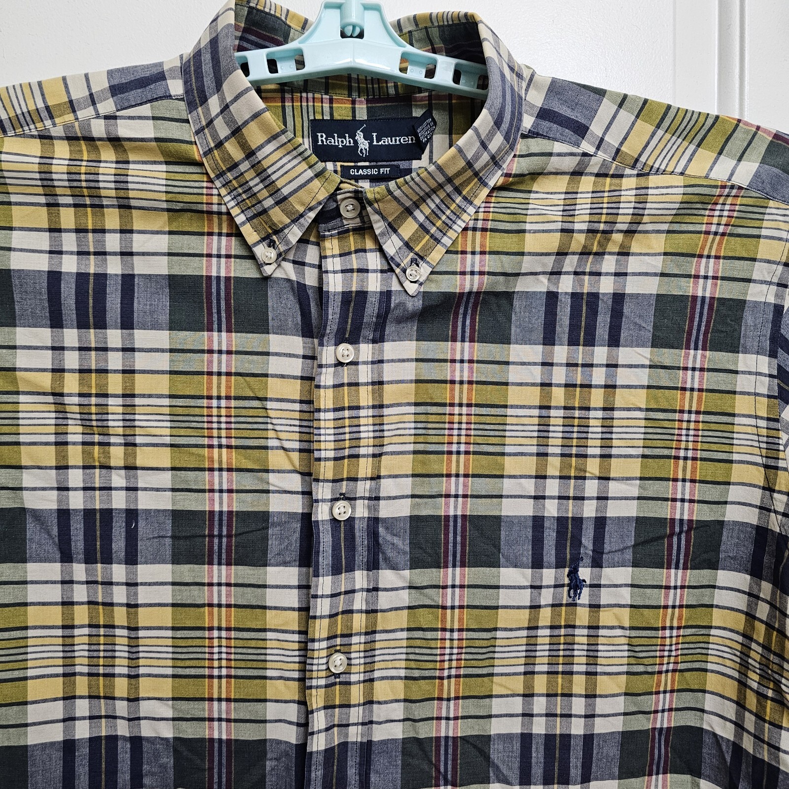 Ralph Lauren camicia uomo XLT blu giallo a quadri vestibilità classica manica lunga pony alta