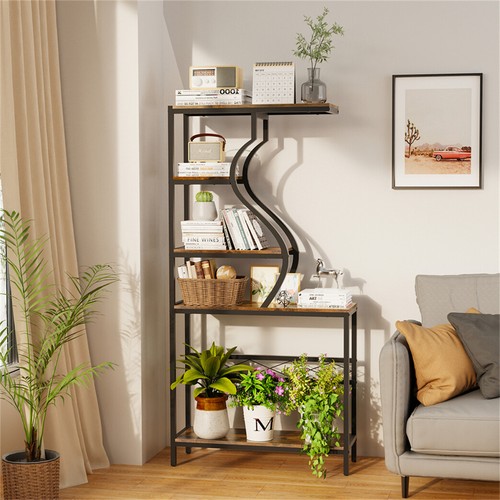 5 Tier Bookshelf Vintage Industrial Bookcase Display Rack Ladder Storage Shelf - Picture 2 of 16