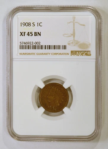 1908-S Indian Head Cent from the San Francisco Mint Graded XF45 BN by NGC