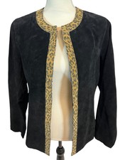 Dialogue Washable Leather Jacket Black Leopard Trim Hook Closure Size Medium