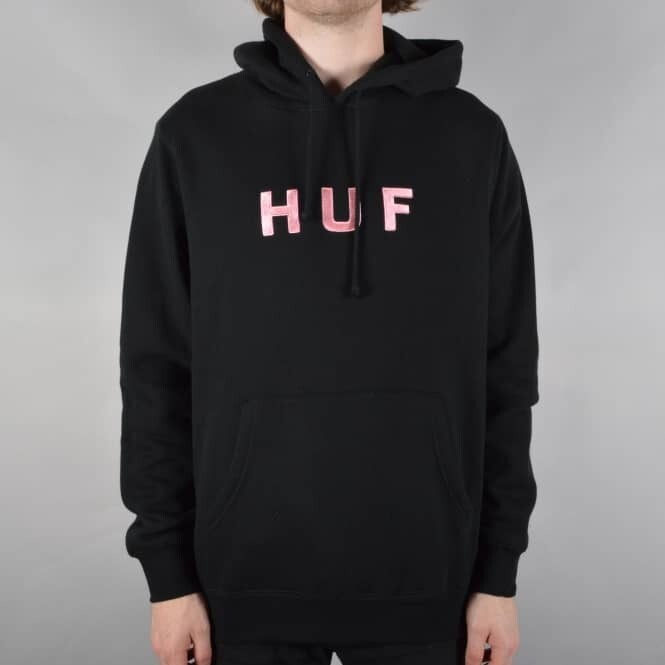 HUF OG Logo Pullover Hoodie Black/Pink UK S RRP LN044 RR