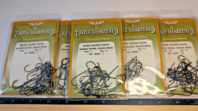 5 LOT FENWICK TRIPLE SHARPENED BASS WORM BARBED SHANK ROUND 31 HOOKS  SIZE 1&1/0