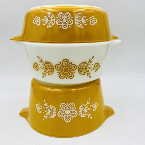 Set 3 Pyrex 474 472 473 Butterfly Gold Cinderella Casserole Dish 1/2 1 Pt. 1 Qt.