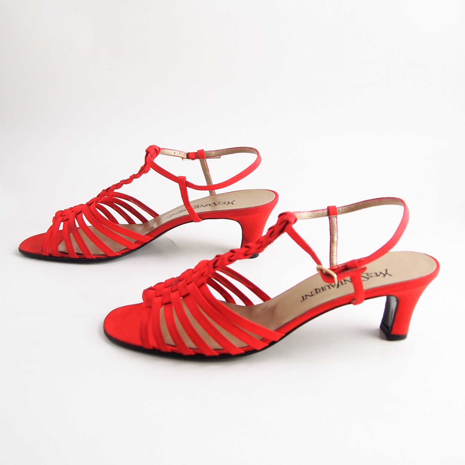 Ysl Saint Laurent T Cinturino Sandali con Alla Caviglia Treccia Raso Rosso Donna