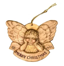 1992 Angel Cherub Merry Christmas Ornament Signed A Distressed Finish