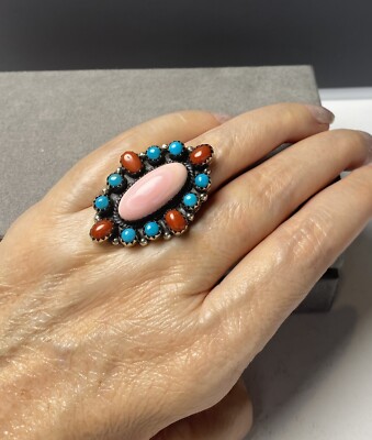 Southwestern Style Sterling Silver 925 Queen Conch Kingman Turquoise Coral Ring