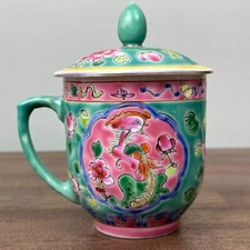 Antique Peranakan Porcelain Nyonya Ware Tea Cup + Lid Straits Chinese Green Rare