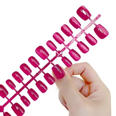 VIVI'S COLLECTION Press on Nails Hot Pink Short Square Rose Fake False Artificial With Glue Tips