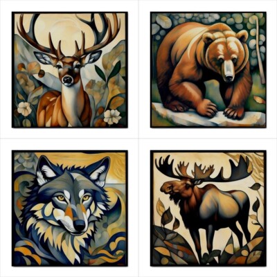 Forest Animals Ceramic Tile Set Of 4 Backsplash Tiles Wolf Bear Moose Deer