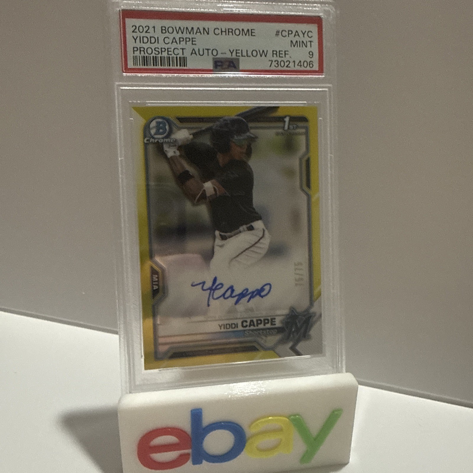 2021 Bowman Chrome 1st Bowman Yiddi Cappe Yellow Refractor Auto /75 PSA 9