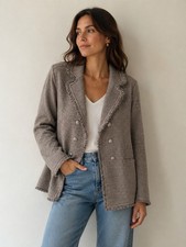 Chico s Blazer Jacket Sz 3 XL Brown Silver Metallic Fringe Career Academia Beige