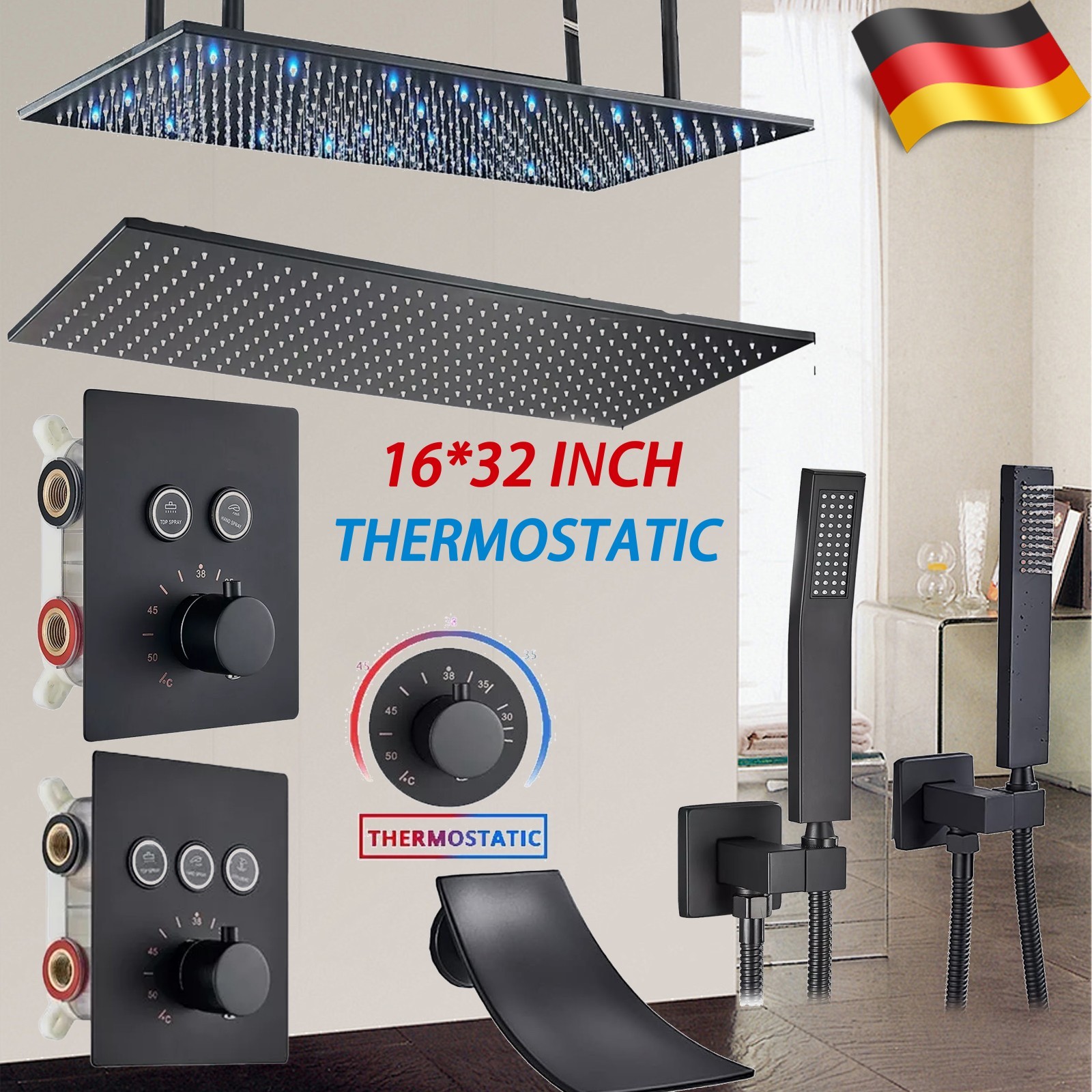 Überkopf-Regenfall-LED-Wasserfall-Duschkopf 40*80cm Edelstahl-Duschanlagen-Set