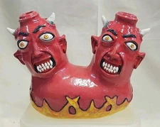 Stacy Lambert Southern Primitive Folk Art Pottery Double Trouble Devil Face Jug!