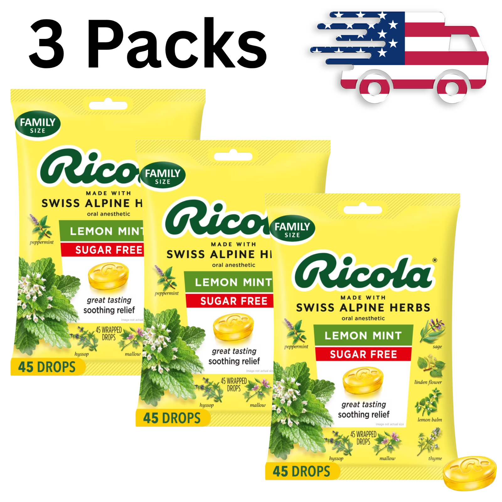3-PK Ricola Sugar Free Lemon Mint Throat Drops Refreshing Th