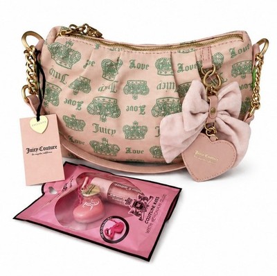 Juicy Couture Pink Fan Club Shoulder Bag Crown Print NWT + Gloss Set