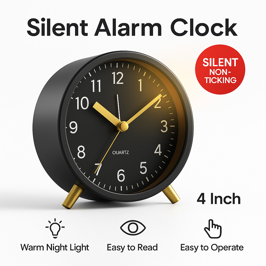 4" Silent Non Ticking Bedside Night Light Battery Operated