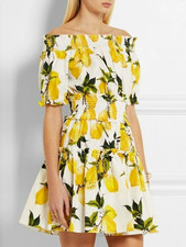 Dolce & Gabbana SS2016 Lemons Off-Shoulder Cotton Ruffle Designer Dress IT38