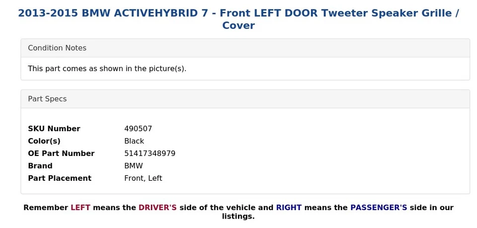 2013-2015 BMW ACTIVEHYBRID 7 - передняя левая дверь твитер динамик решетка / крышка - Изображение 4 из 4