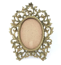 Vintage Ornate Oval Brass Frame Fold Over Back Stand Rococo Style