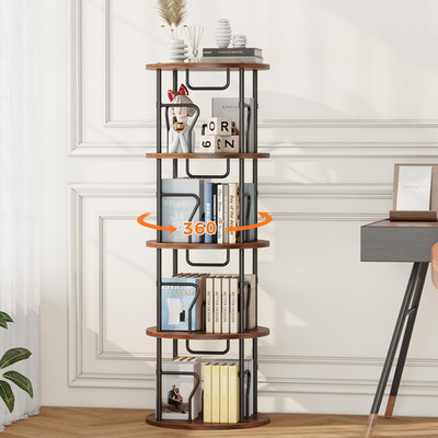 360° Rotating 4-Tier Bookshelf Tower for Small Spaces - Black & Brown