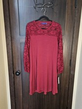 NWT Women's Burgandy Red Lace Sleeve Fit & Flare Stretch Knit Dress Size Large